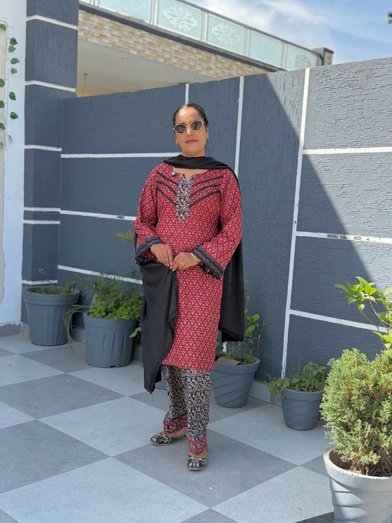 Red And Black Print Suit